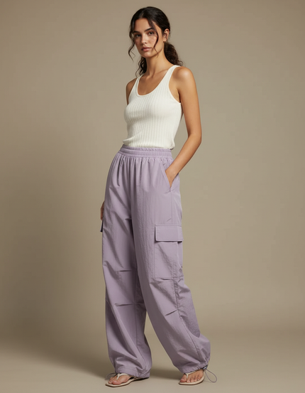 Pantalon Parachute Violet Fluide Cargo Ample Femme - Polyester