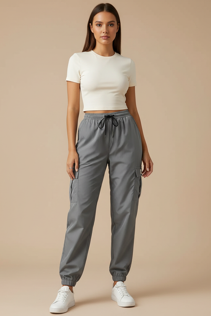 Pantalon Parachute Gris Femme Cargo Cordon Ample - Polyester