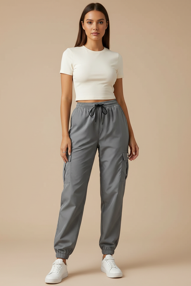 Pantalon Parachute Gris Femme Cargo Cordon Ample - Polyester