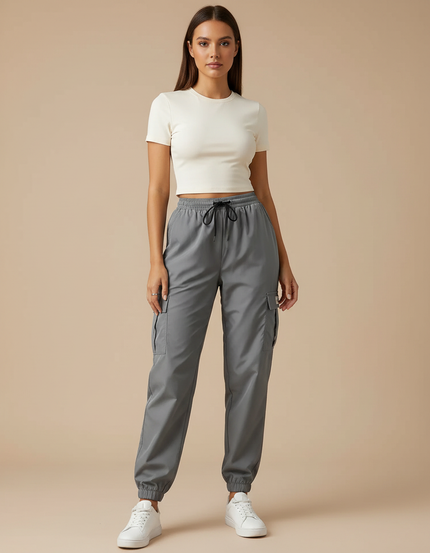 Pantalon Parachute Gris Femme Cargo Cordon Ample - Polyester
