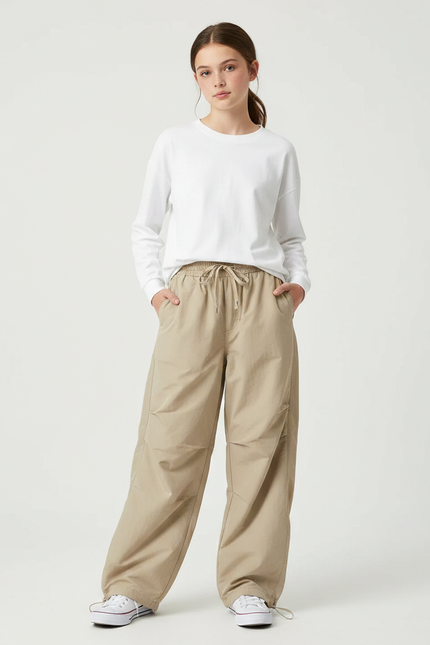 Pantalon Parachute Beige Ample Décontracté Cordon - Polyester