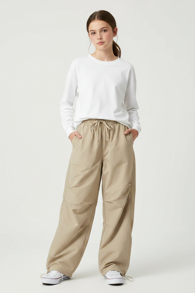 Pantalon Parachute Beige Ample Décontracté Cordon - Polyester