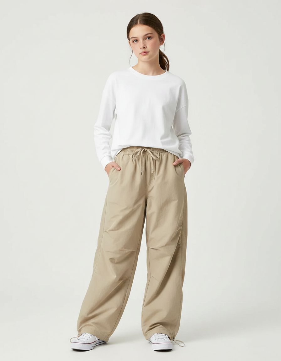Pantalon Parachute Beige Ample Décontracté Cordon - Polyester