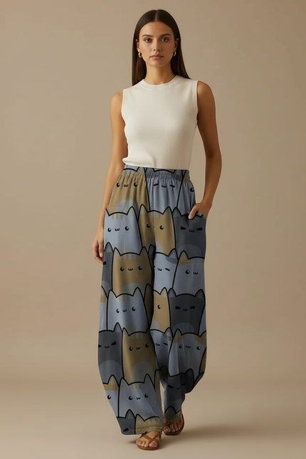 Pantalon Parachute Imprimé Chats Ample Décontracté Poches - Viscose