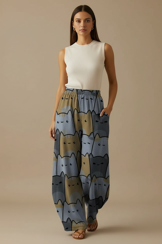 Pantalon Parachute Imprimé Chats Ample Décontracté Poches - Viscose