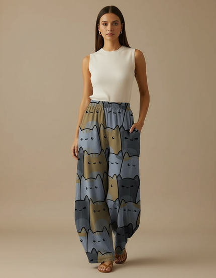 Pantalon Parachute Imprimé Chats Ample Décontracté Poches - Viscose