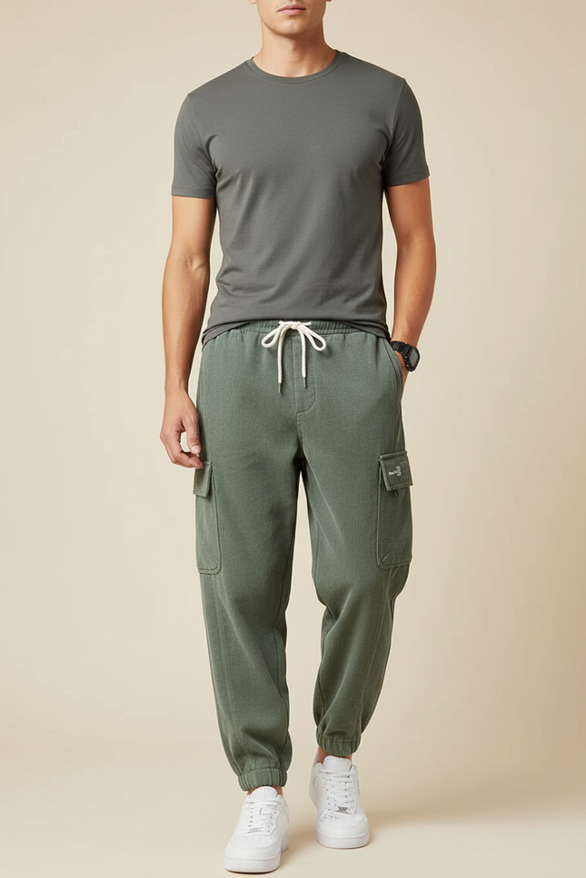 Pantalon Parachute Vert Côtelé Cargo Décontracté Homme - Kaki Cordé