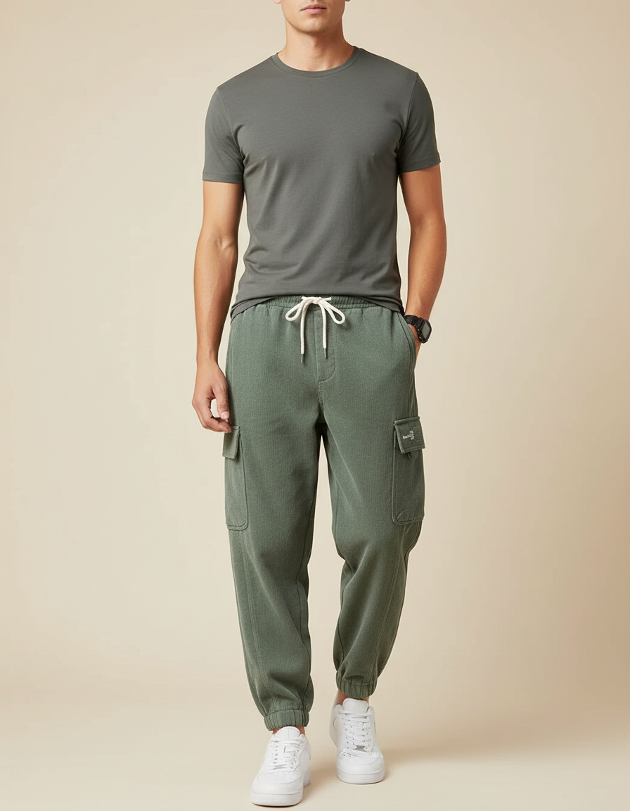 Pantalon Parachute Vert Côtelé Cargo Décontracté Homme - Kaki Cordé