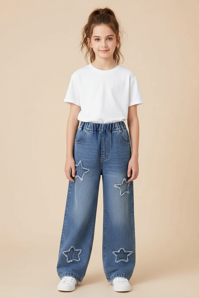 Pantalon Parachute Denim Ample Étoiles Fille Décontracté - Bleu Jean