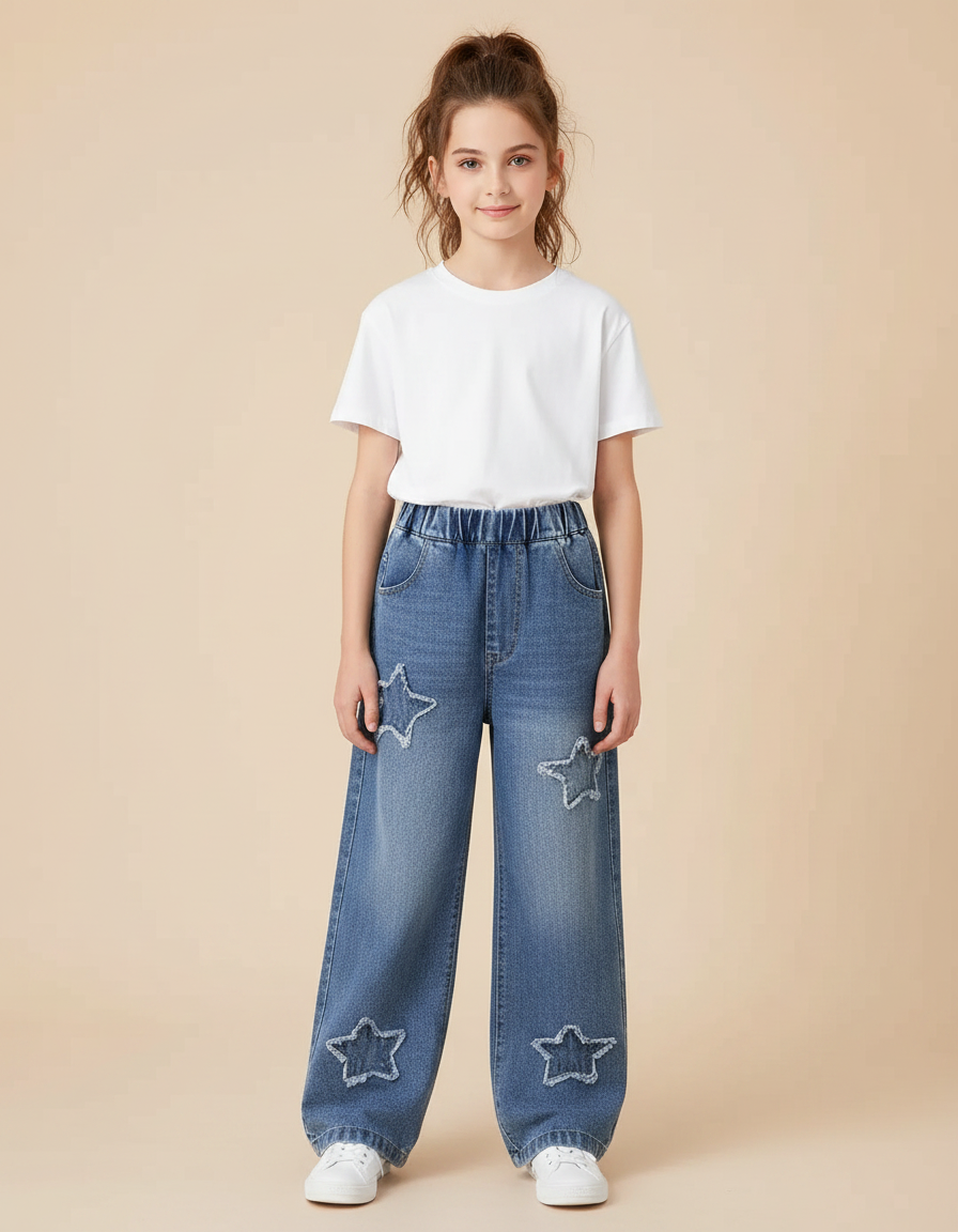 Pantalon Parachute Denim Ample Étoiles Fille Décontracté - Bleu Jean