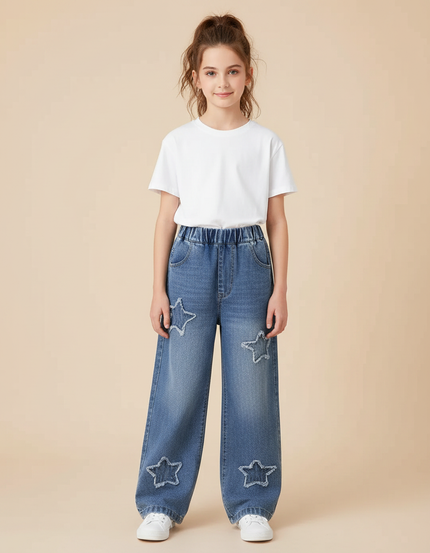 Pantalon Parachute Denim Ample Étoiles Fille Décontracté - Bleu Jean