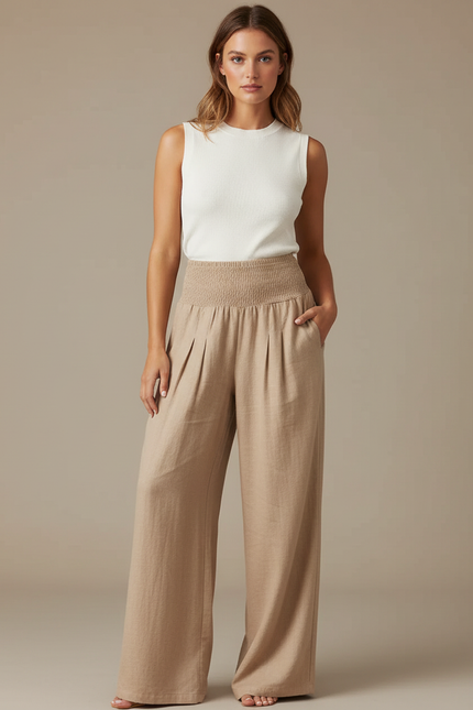 Pantalon Parachute Beige Ample Smocké Lin Femme