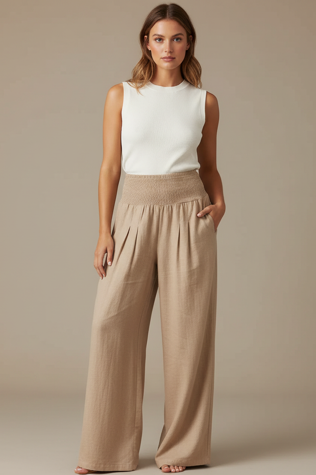 Pantalon Parachute Beige Ample Smocké Lin Femme