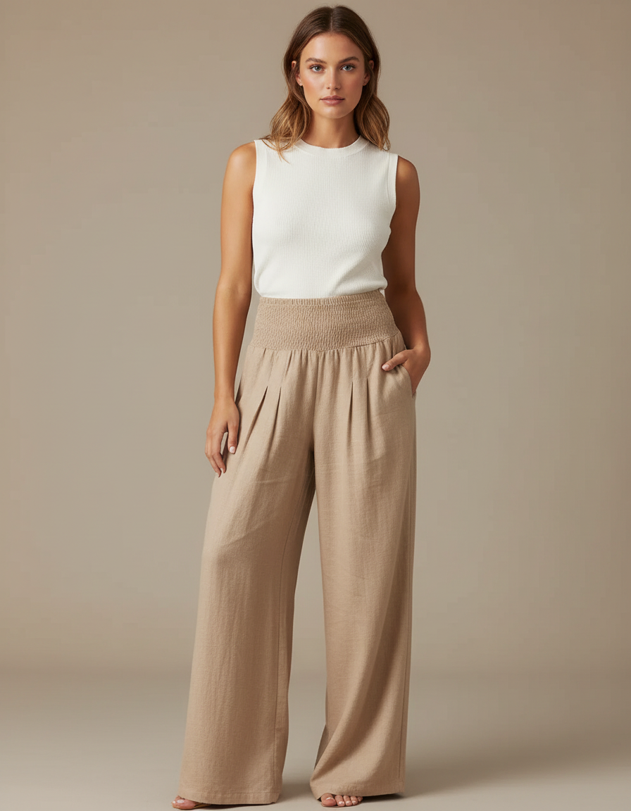 Pantalon Parachute Beige Ample Smocké Lin Femme