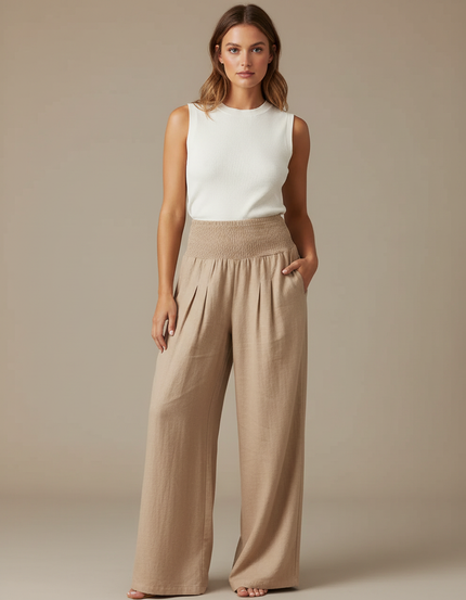 Pantalon Parachute Beige Ample Smocké Lin Femme