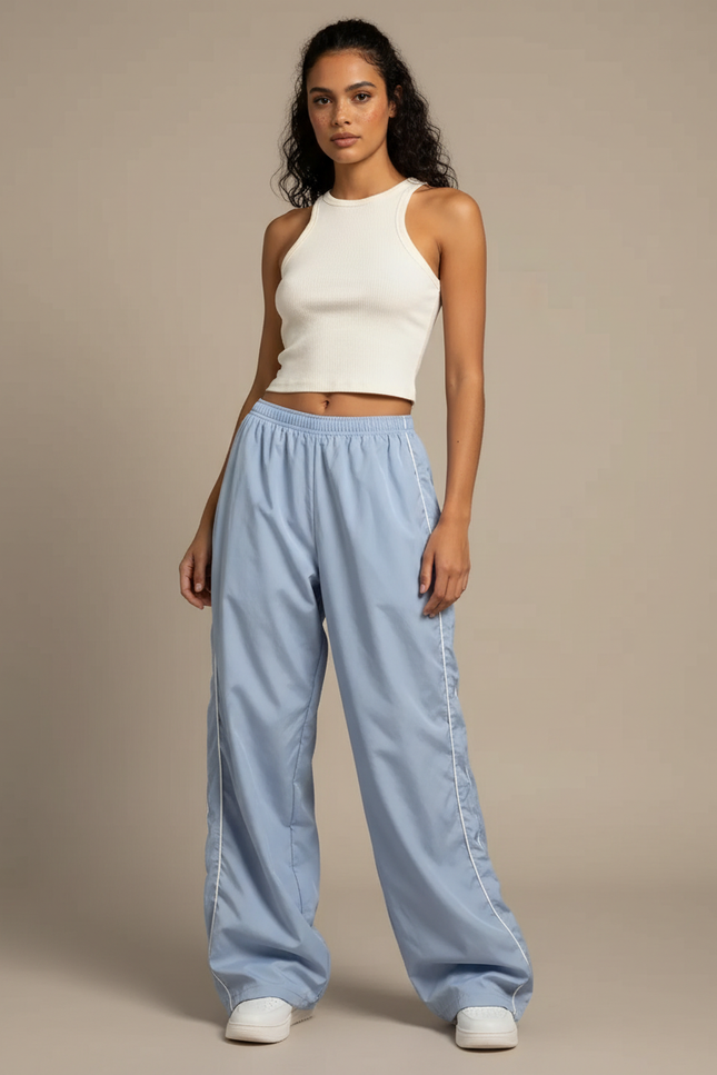 Pantalon Parachute Bleu Ciel Fluide Ample Sportif - Polyester