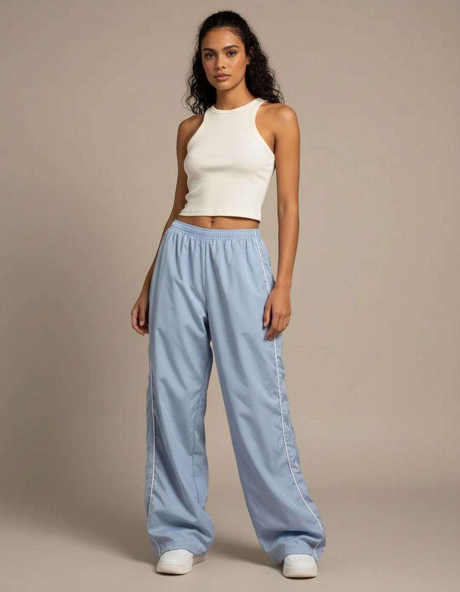 Pantalon Parachute Bleu Ciel Fluide Ample Sportif - Polyester
