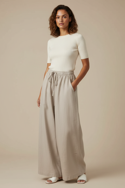 Pantalon Parachute Beige Lin Ample Taille Élastique Femme