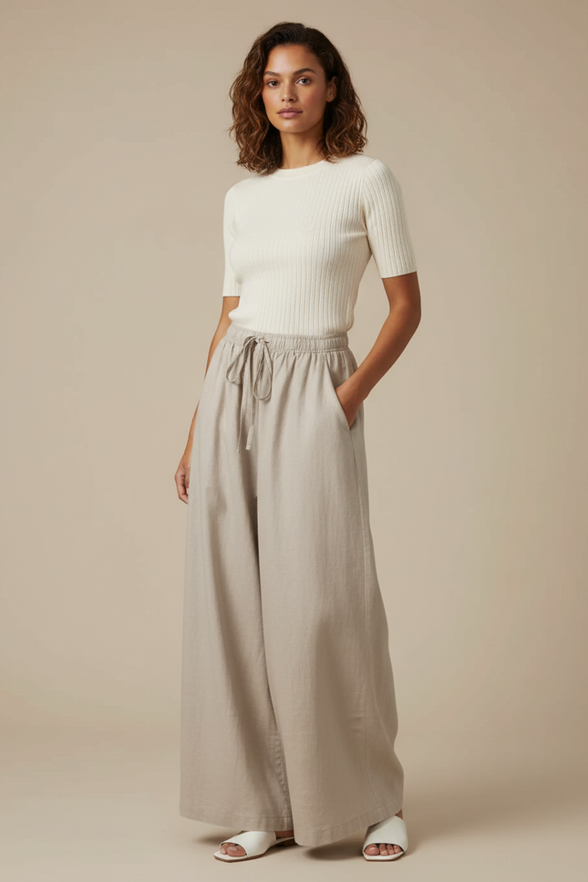 Pantalon Parachute Beige Lin Ample Taille Élastique Femme