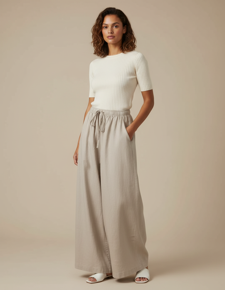 Pantalon Parachute Beige Lin Ample Taille Élastique Femme