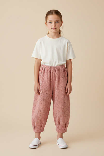 Pantalon Parachute Rose Côtelé Fleuri Ample Enfant - Cordé