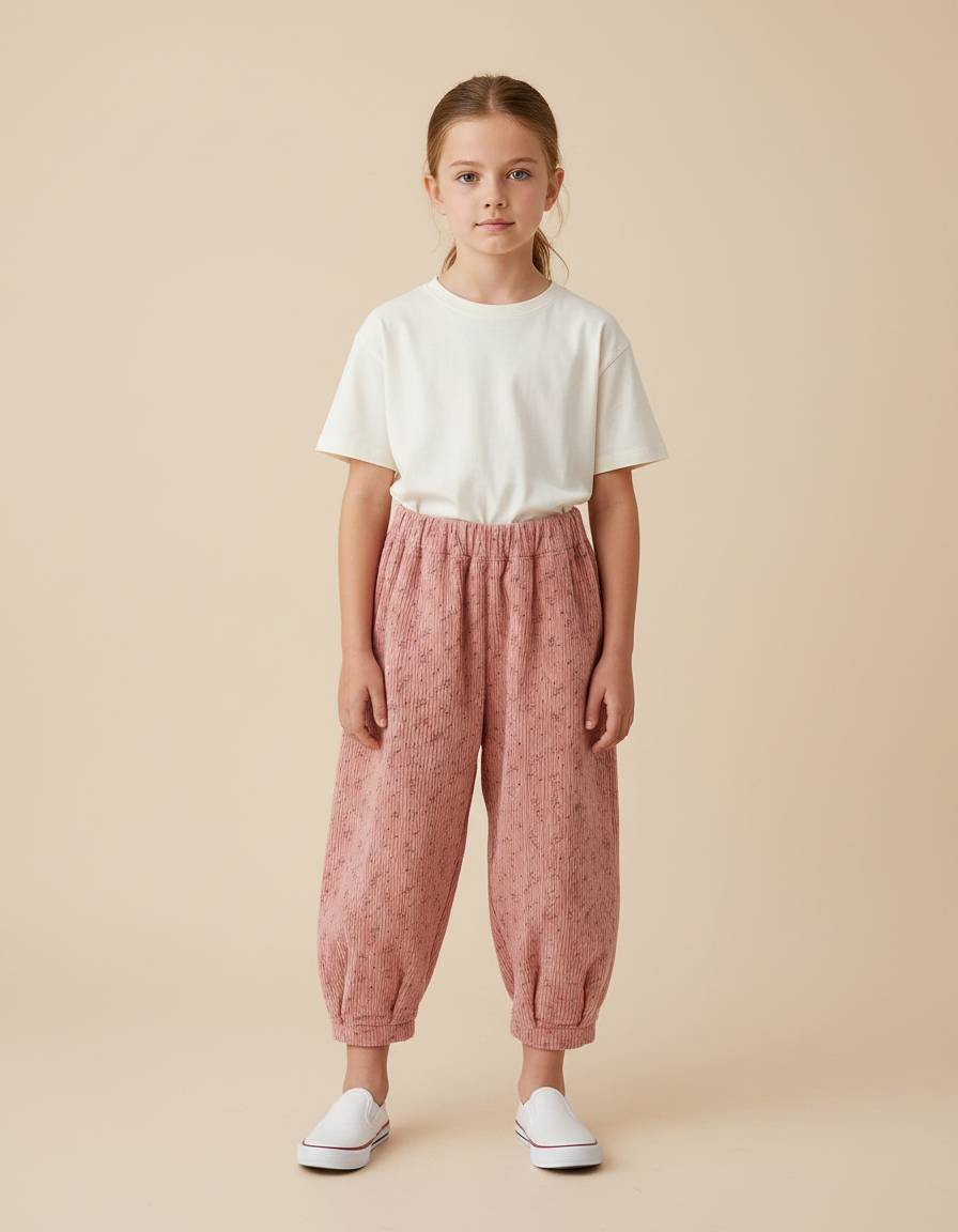 Pantalon Parachute Rose Côtelé Fleuri Ample Enfant - Cordé