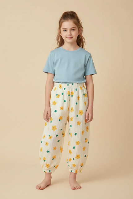 Pantalon Parachute Crème Fleuri Léger Ample Enfant - Beige Coton