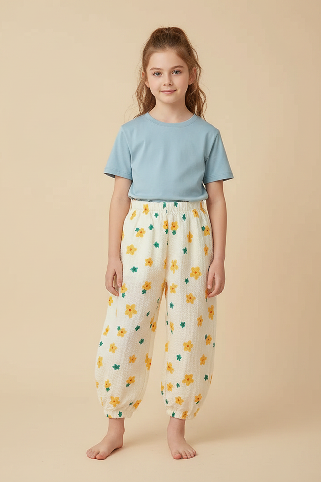 Pantalon Parachute Crème Fleuri Léger Ample Enfant - Beige Coton
