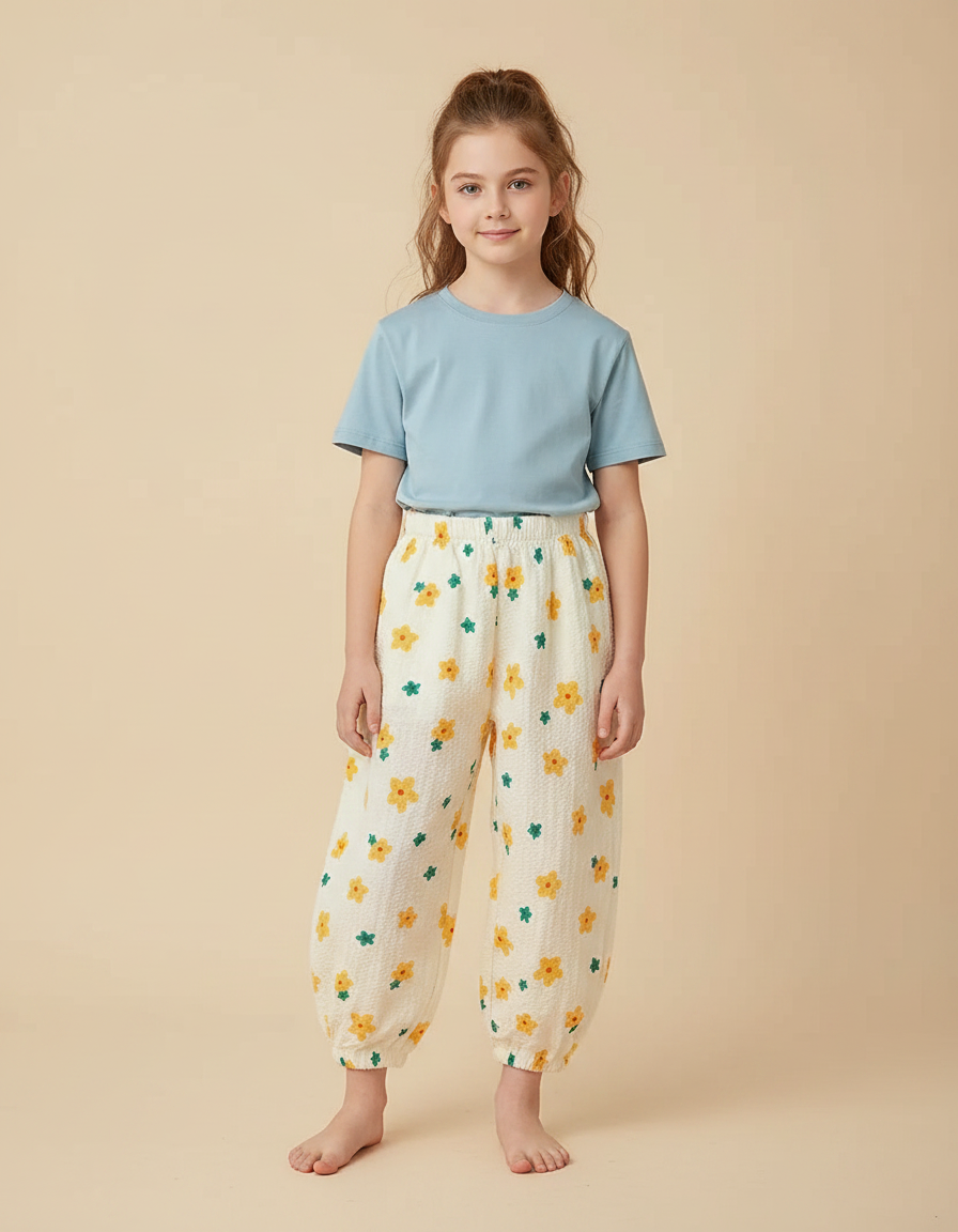 Pantalon Parachute Crème Fleuri Léger Ample Enfant - Beige Coton
