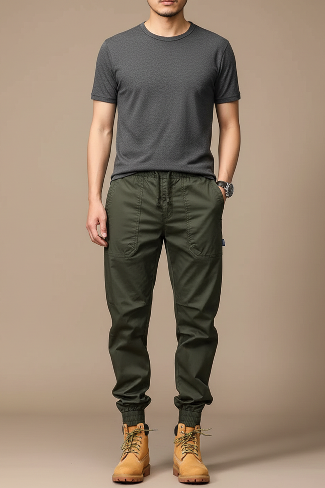 Pantalon Parachute Vert Kaki Cargo Jogger Homme Coton