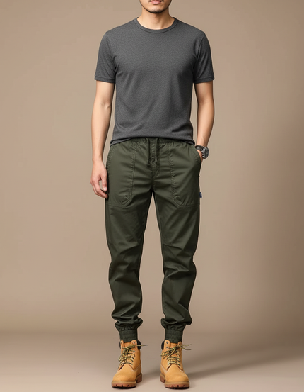 Pantalon Parachute Vert Kaki Cargo Jogger Homme Coton