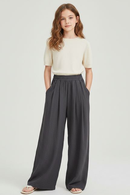 Pantalon Parachute Gris Ample Fluide Fille Confortable - Lin