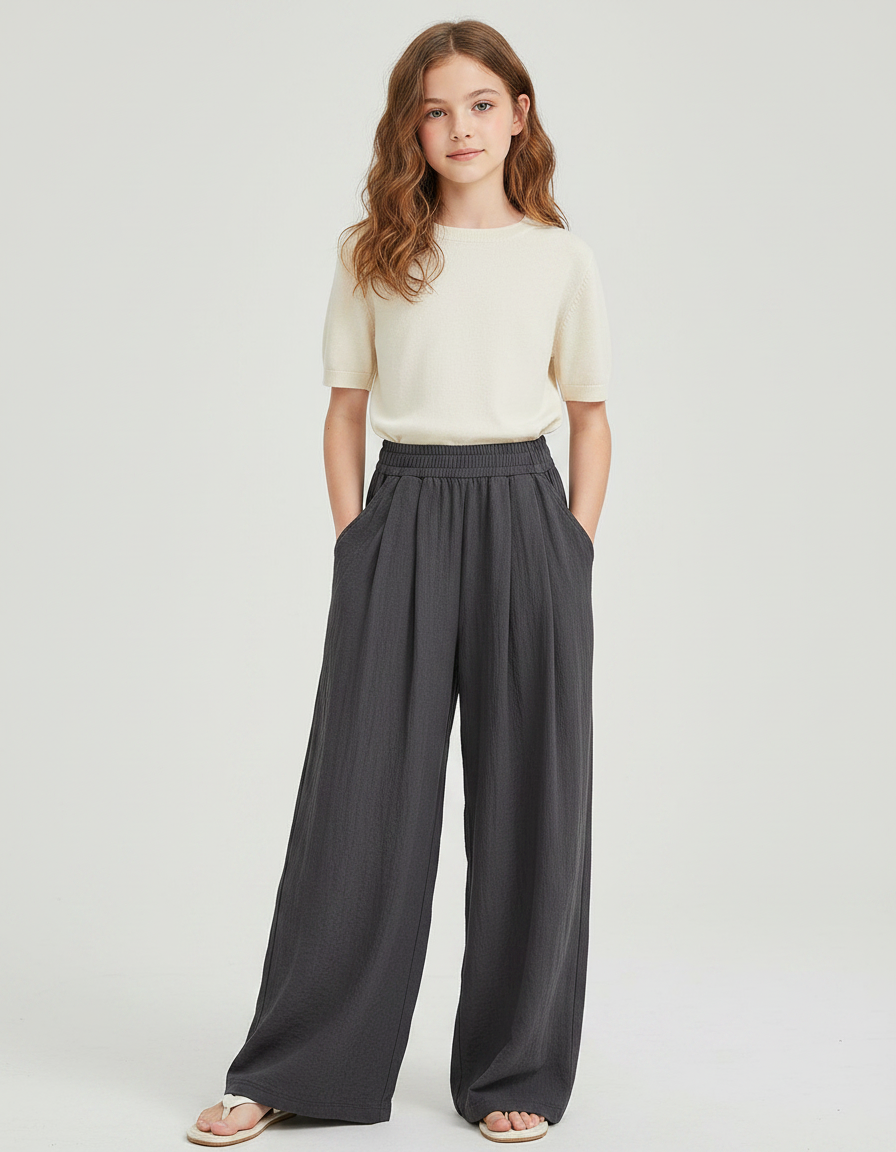 Pantalon Parachute Gris Ample Fluide Fille Confortable - Lin