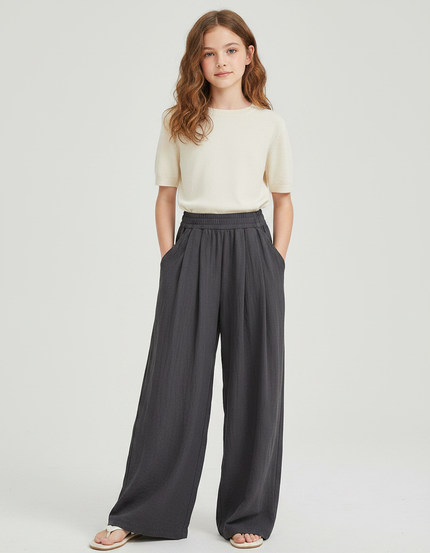 Pantalon Parachute Gris Ample Fluide Fille Confortable - Lin