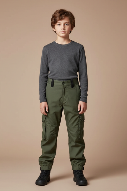 Pantalon Parachute Vert Cargo Enfant Décontracté - Kaki Gabardine