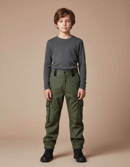 Pantalon Parachute Vert Cargo Enfant Décontracté - Kaki Gabardine
