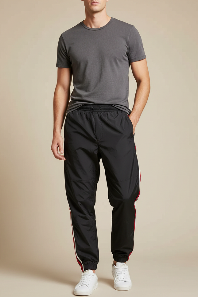 Pantalon Parachute Noir Bandes Latérales Rouges Blanc Casual - Polyester
