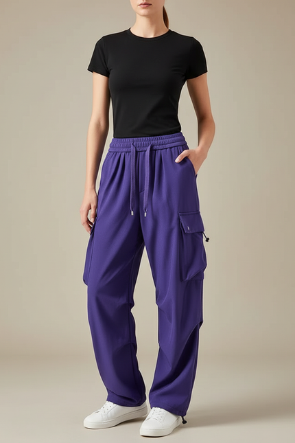 Pantalon Parachute Violet Ample Cargo Cordon Femme - Polyester