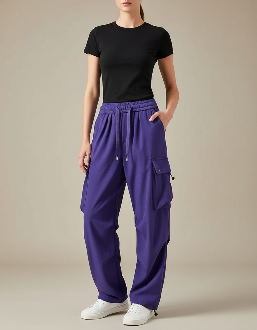 Pantalon Parachute Violet Ample Cargo Cordon Femme - Polyester