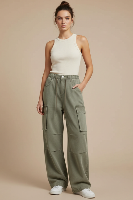 Pantalon Parachute Vert Ample Denim Cargo Multipoches Femme - Kaki Jean
