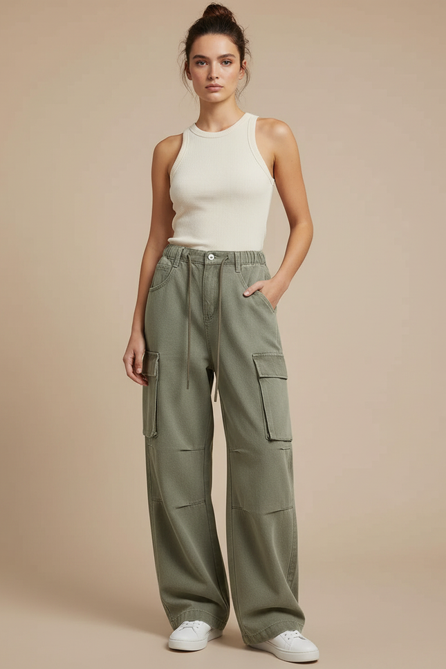 Pantalon Parachute Vert Ample Denim Cargo Multipoches Femme - Kaki Jean