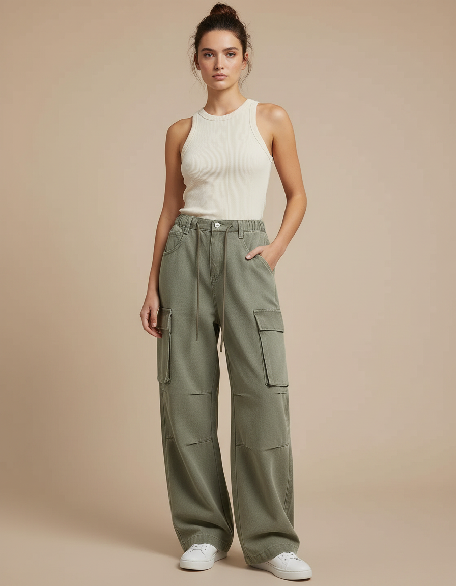 Pantalon Parachute Vert Ample Denim Cargo Multipoches Femme - Kaki Jean