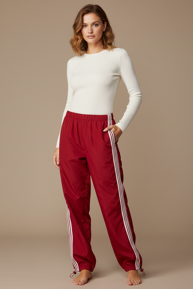 Pantalon Parachute Rouge Ample Sportif Rayures Blanches Fluide - Polyester