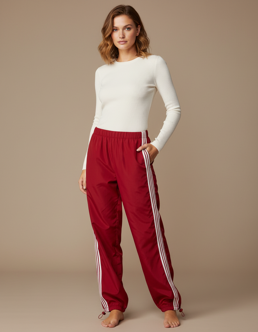 Pantalon Parachute Rouge Ample Sportif Rayures Blanches Fluide - Polyester
