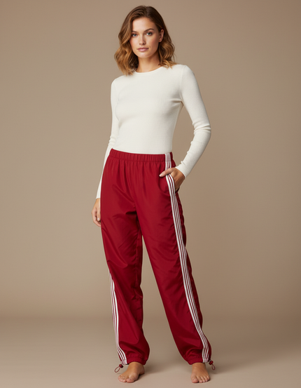 Pantalon Parachute Rouge Ample Sportif Rayures Blanches Fluide - Polyester