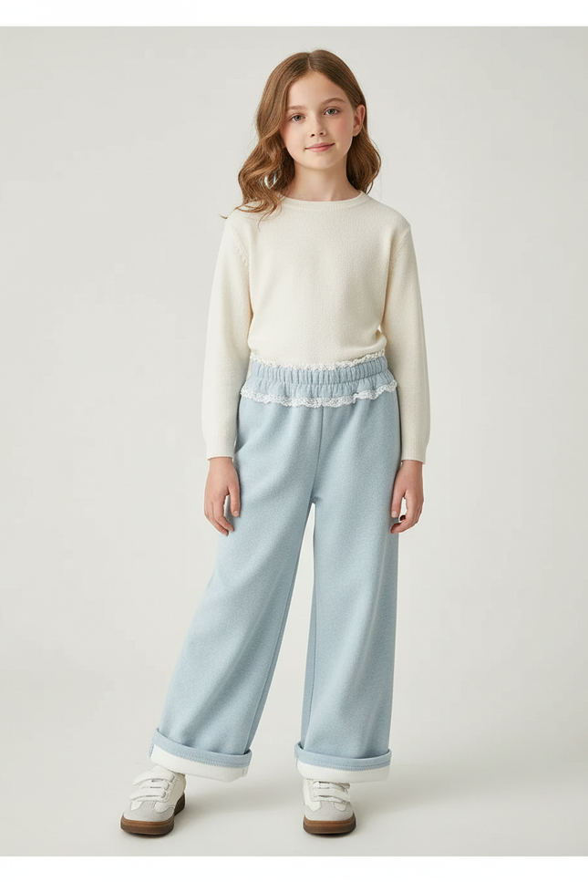 Pantalon Parachute Bleu Clair Ample Molletonné Fille