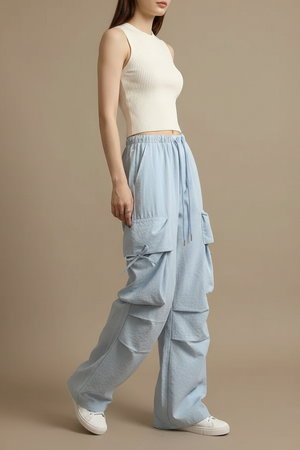 Pantalon Parachute Bleu Clair Ample Décontracté Multipoches - Polyester