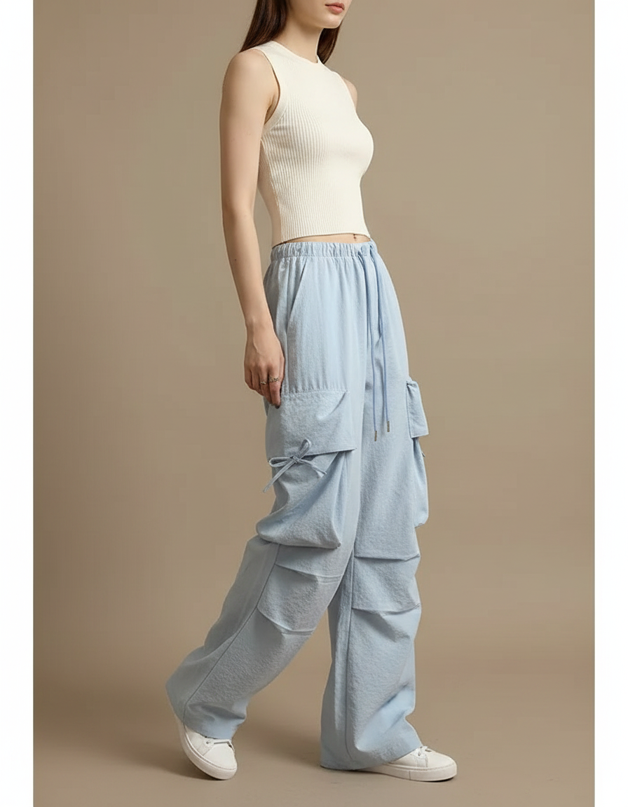 Pantalon Parachute Bleu Clair Ample Décontracté Multipoches - Polyester