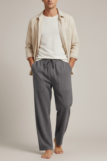 Pantalon Parachute Gris Coton Lin Ample Homme