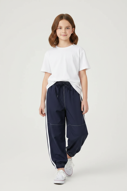 Pantalon Parachute Bleu Marine Rayures Blanches Enfant Sportif - Polyester